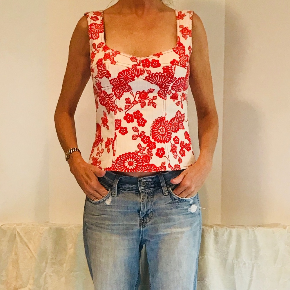 Nanette Lepore white denim/red floral tank top